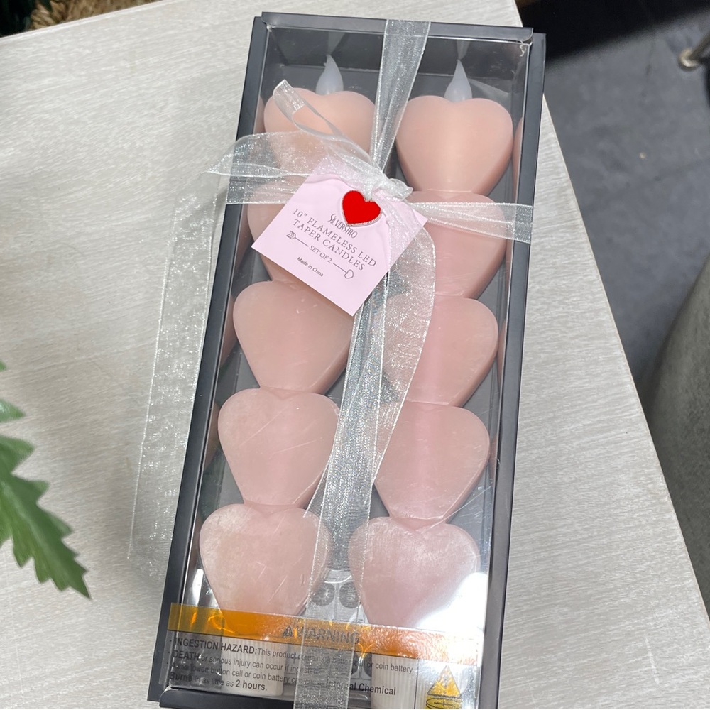 Pink Heart Valentine’s Day LED 10” Taper Candles Timer Remote Set of 2 NWT
